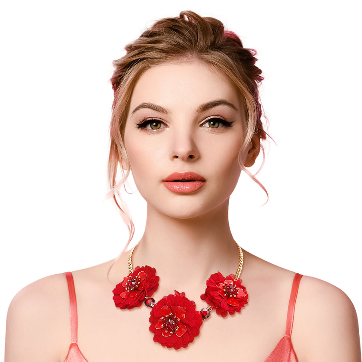 Statement Red Fabric Flower Necklace Set Stylish Chic Jewelry Accessory