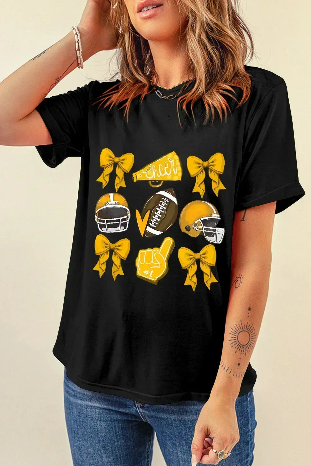 Game Day Rugby Tee: White Cheer Helmet & Bow Graphic T-Shirt