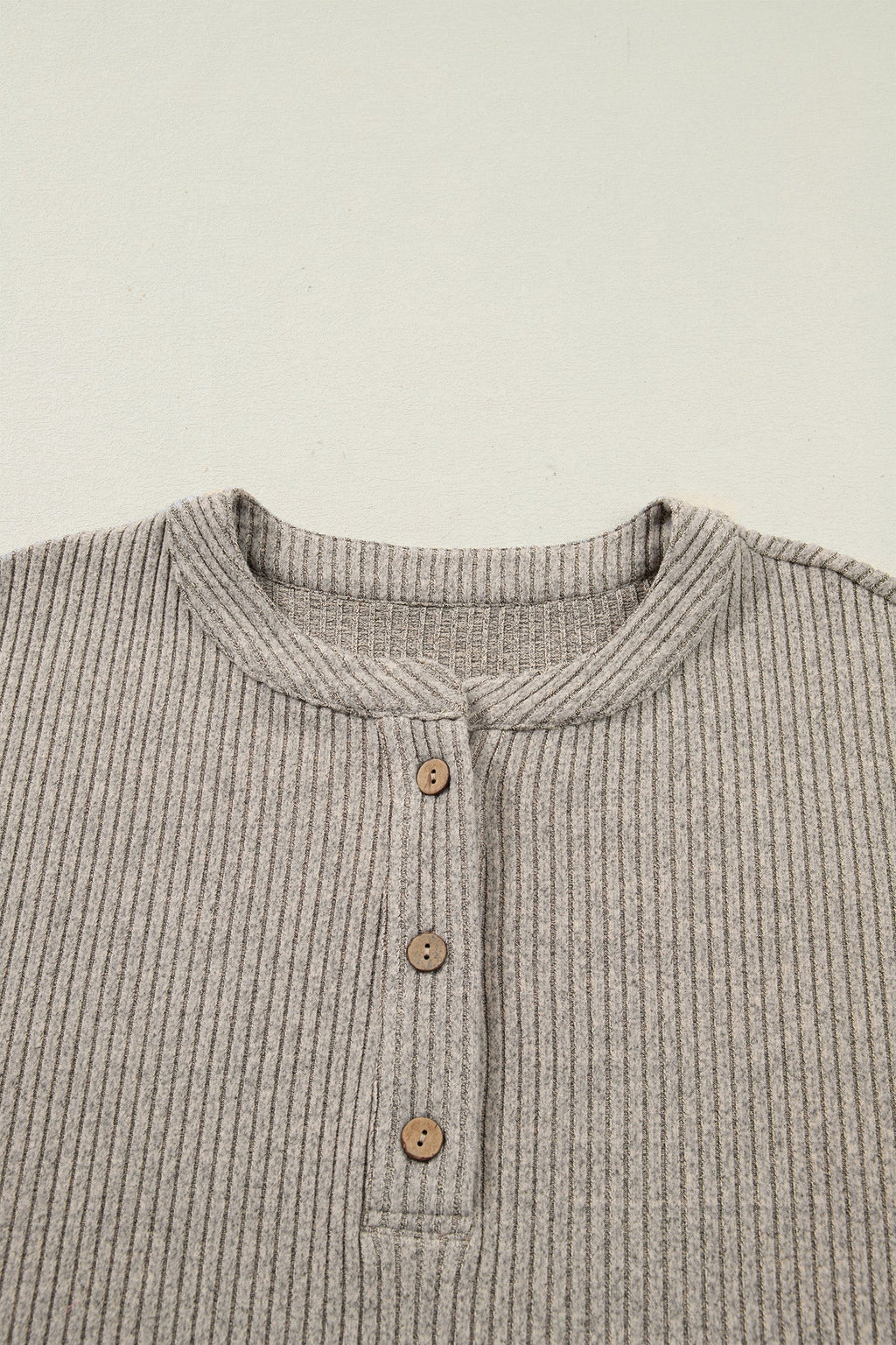 Simply Taupe Plus Size Ribbed Knit Kangaroo Pocket Henley Long Sleeve Top