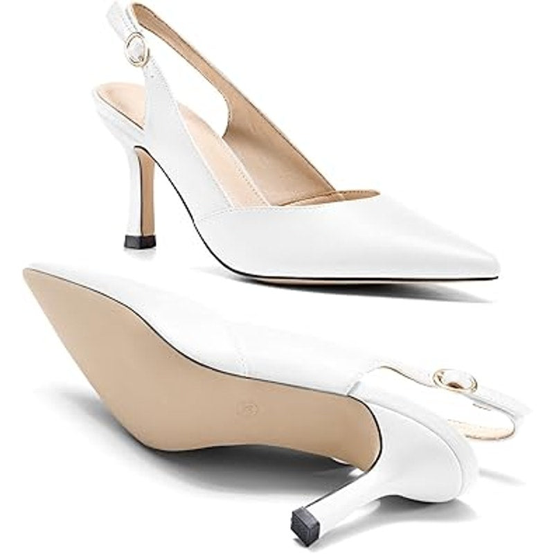 Rilista Womens Size 7 White Faux Leather Pointy Toe Slingback 3.5" Heels Shoes