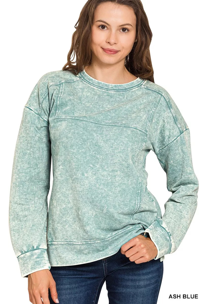 Acid Wash French Terry Exposed-Seam Pullover