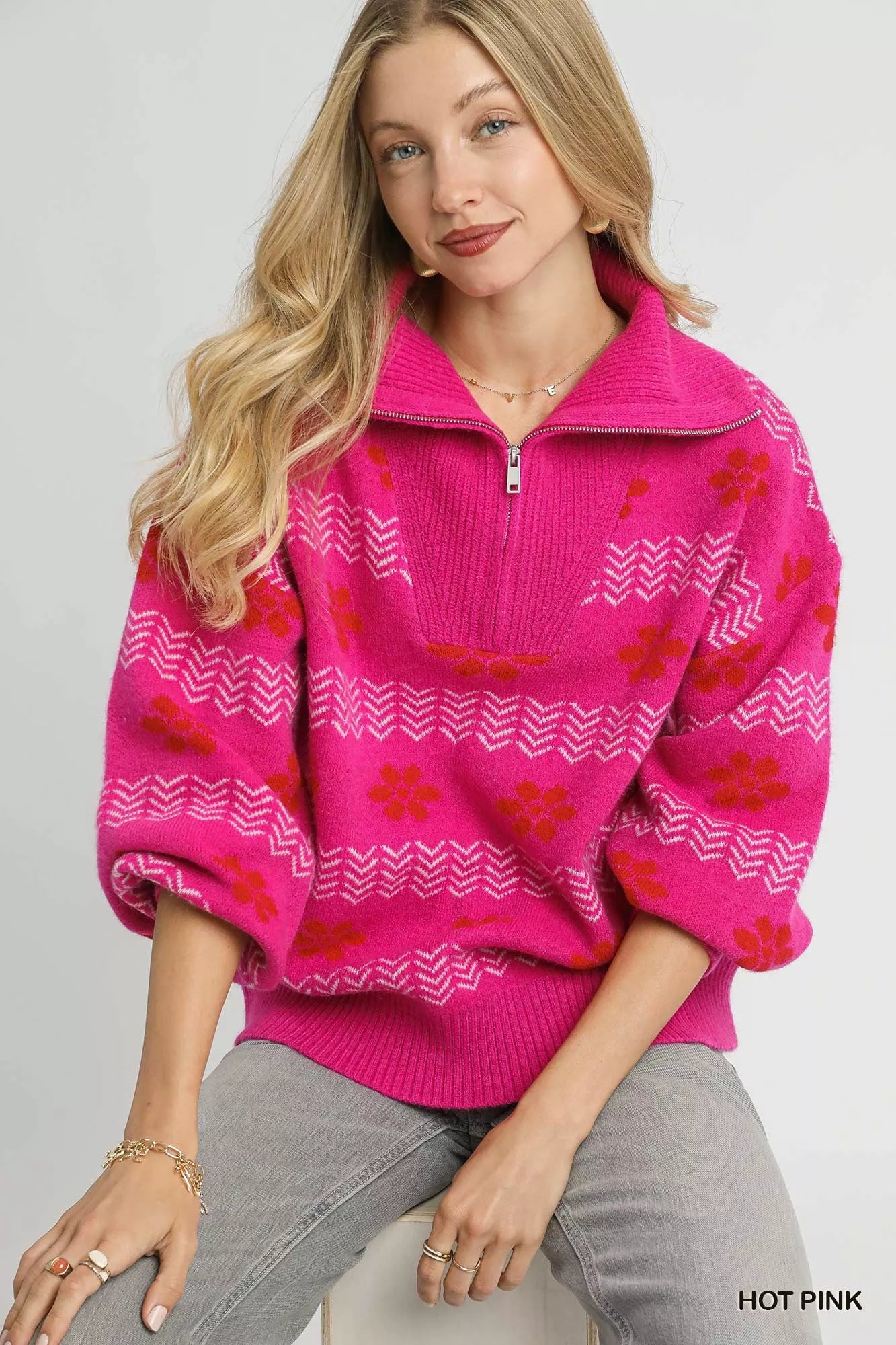 Floral Patterned Jacquard Quarter-Zip Pullover Sweater
