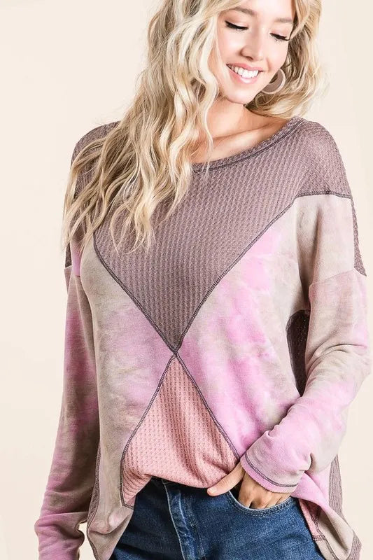 Thermal Waffle Color Block Top with Tie Dye