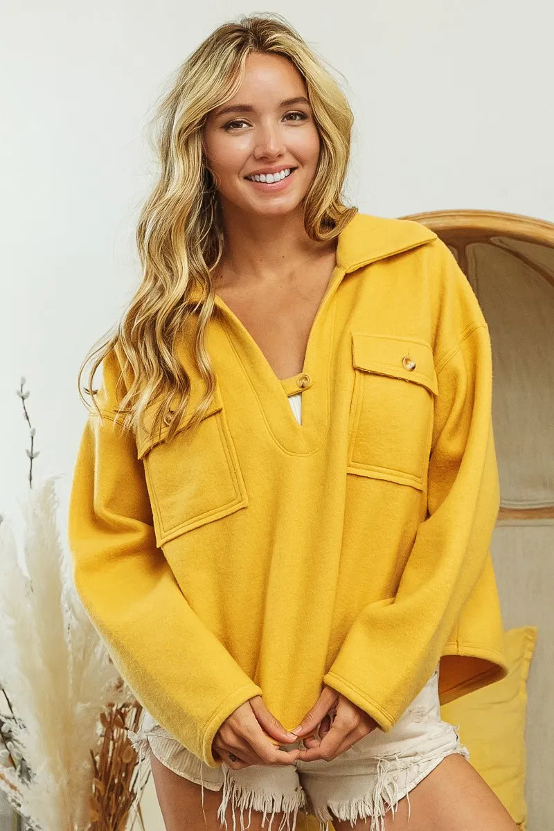 Flap Pockets Fleece Collared Sweatshirt