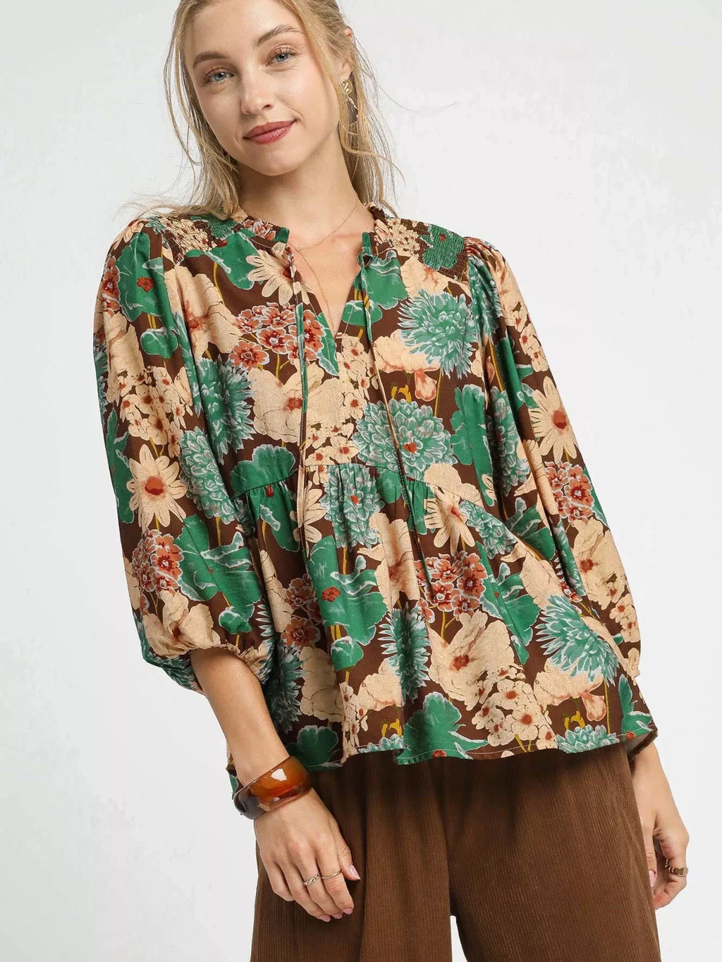 Mix Floral Peplum Blouse with Tie Neck