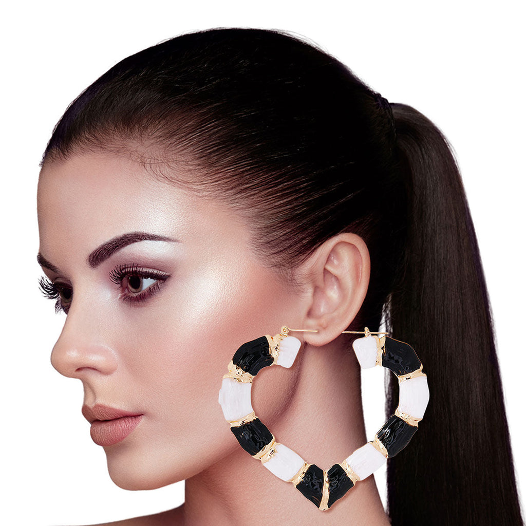 Statement Bamboo Hoop Earrings Black and White Heart Design