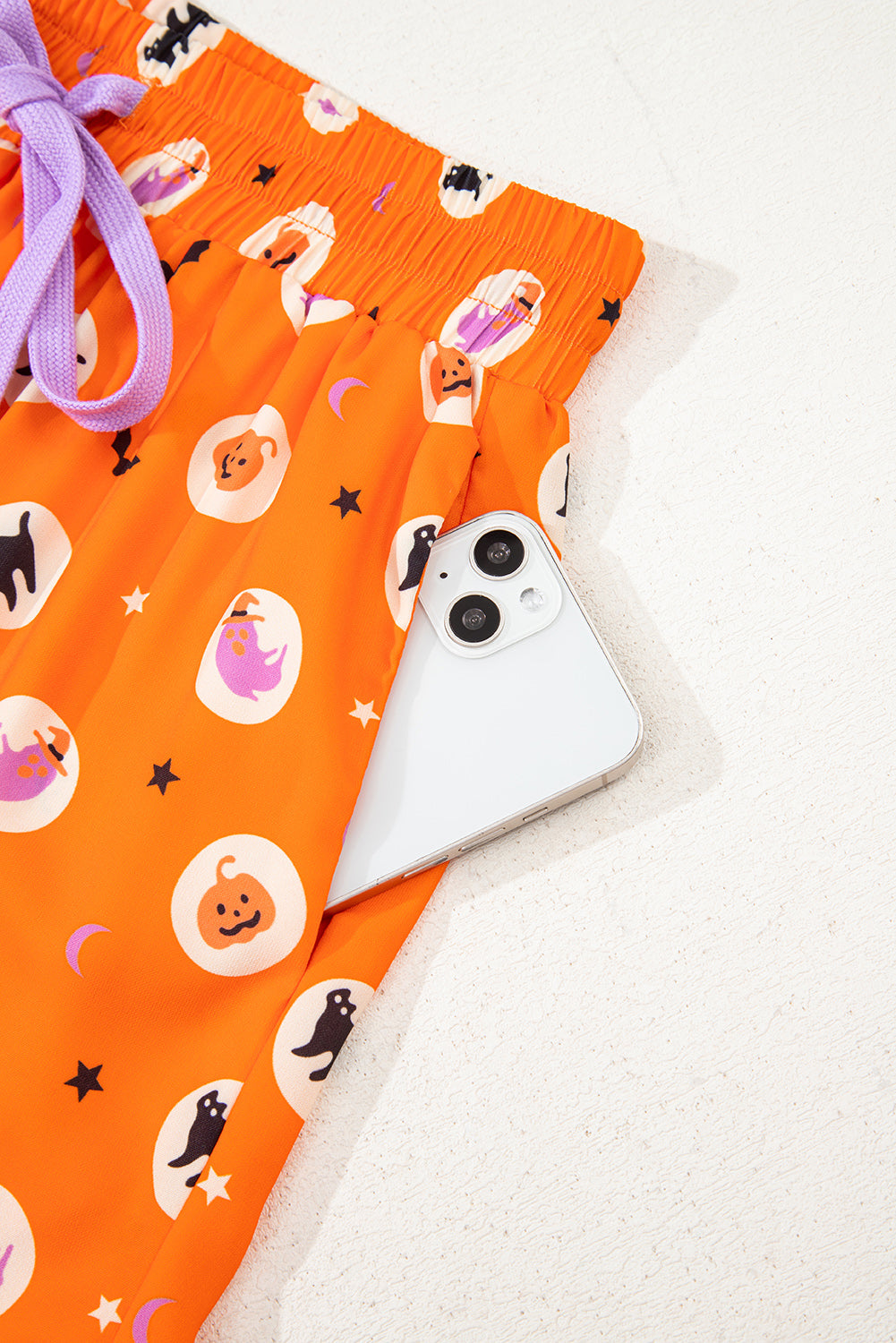 Orange Halloween Print Lapel Shirt Long 2pcs Pajama Set