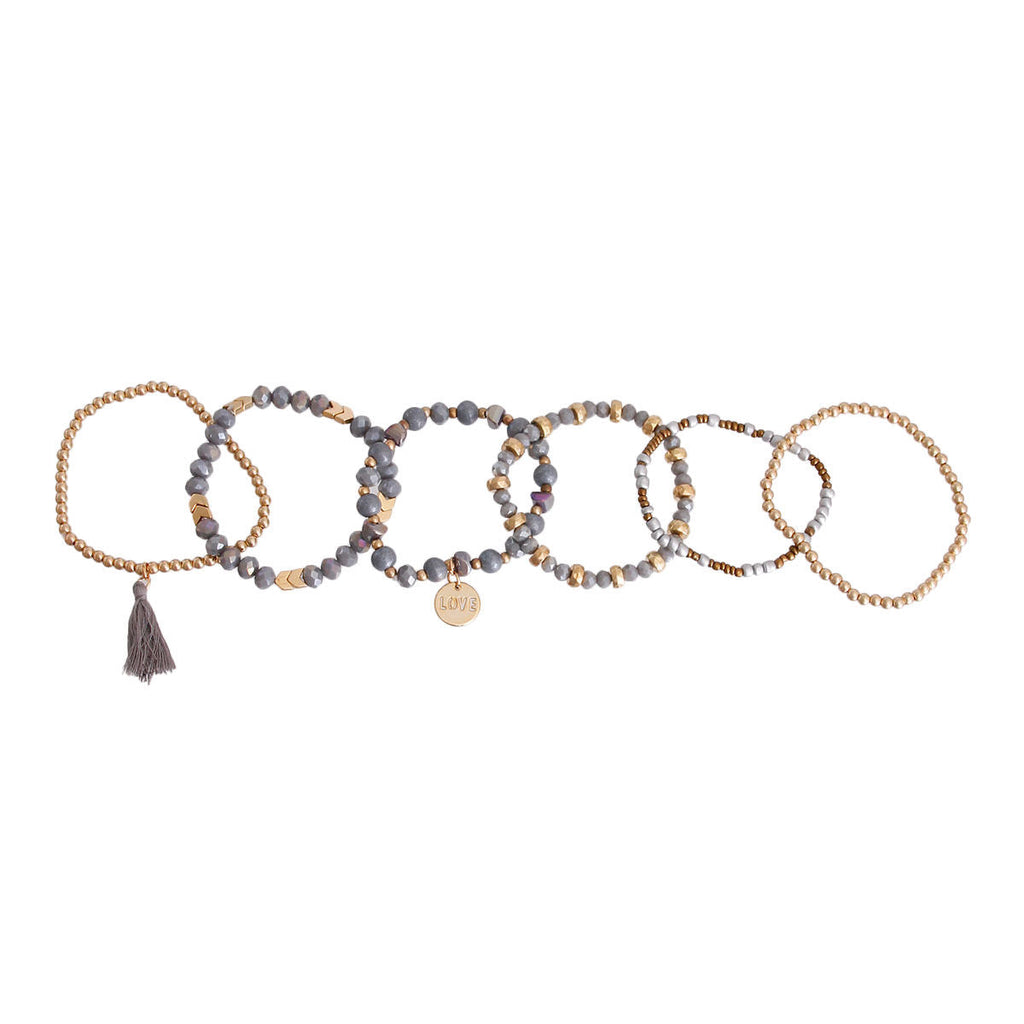 Bracelet Set 6 pcs Gray Glass Stylish Layered Accessories