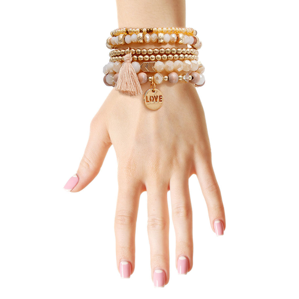 Bracelet Set 6 Pcs Light Pink Glass Stylish Layered Jewelry