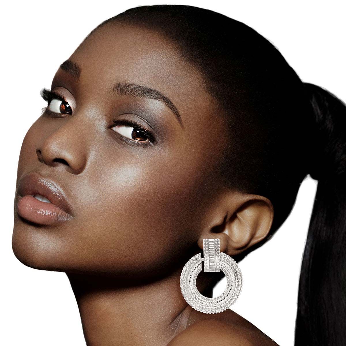 Metal Circle Stud Earrings Silver Patterned Stylish Statement Jewelry
