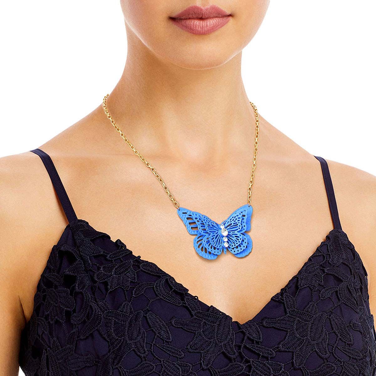 3D Butterfly Pendant Necklace Blue Stylish Statement Jewelry
