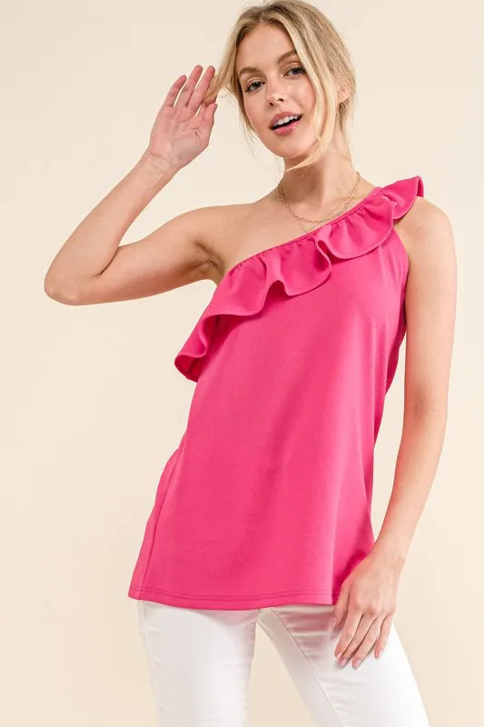 Ruffle One Shoulder Sleeveless Tank Top