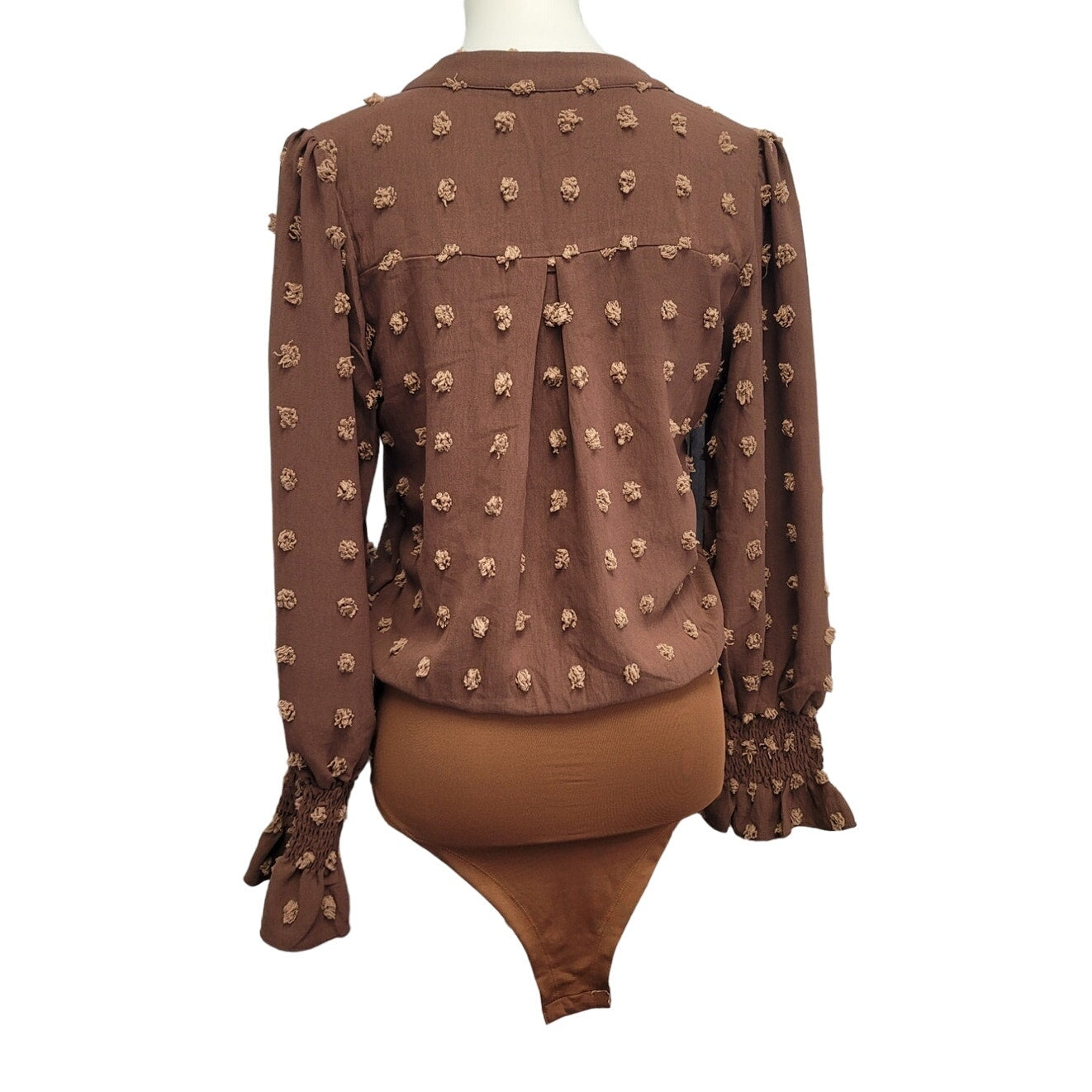 B Womens Small 100% Polyester Long Smocked Sleeve Textured Polka Doted Bodysuit