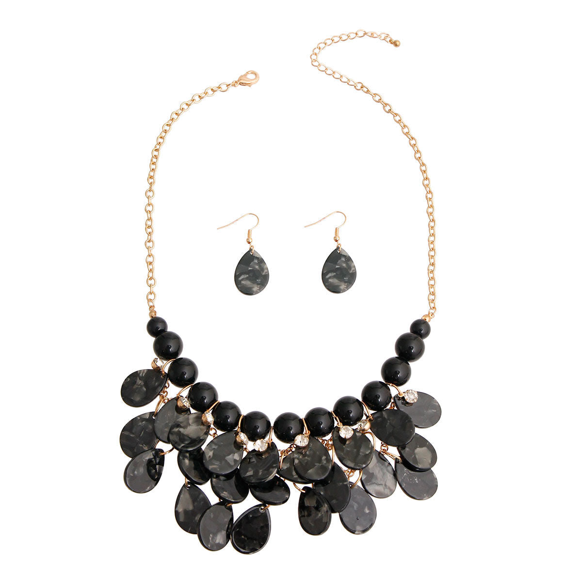 Statement Teardrop Bib Necklace with Black Beads, Stylish Fashion Jewelry