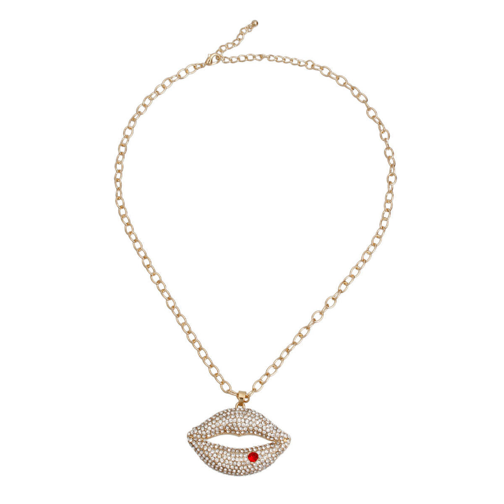 Statement Gold Chain Necklace with Clear Rhinestone Lips Pendant