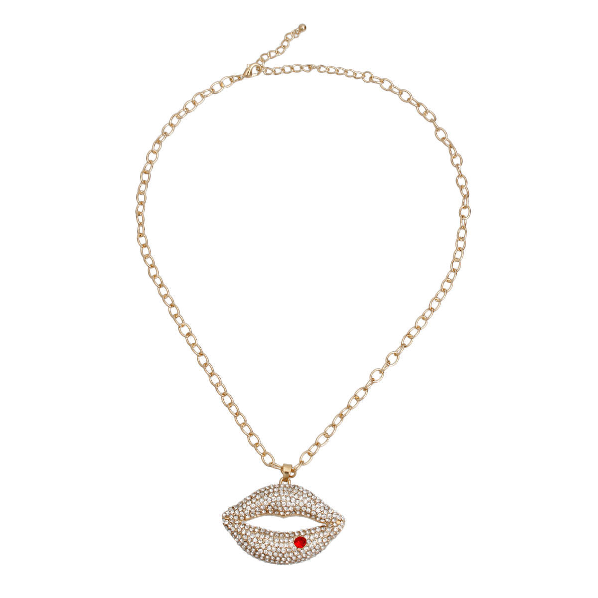 Statement Gold Chain Necklace with Clear Rhinestone Lips Pendant