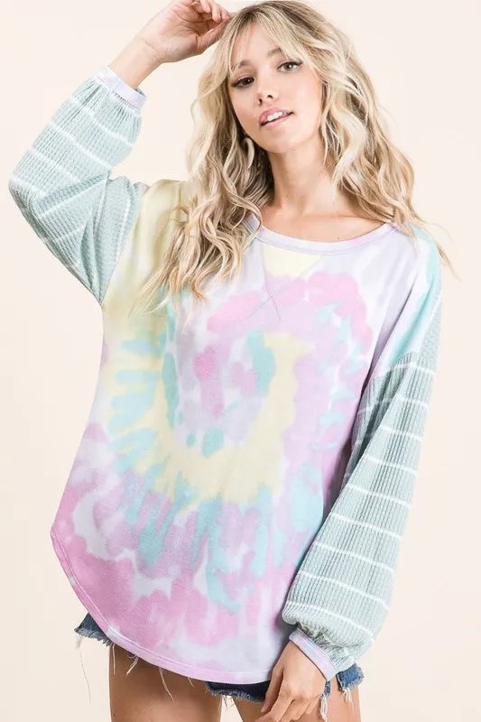 Tie Dye Terry Top with Wide Stripe Thermal Waffle