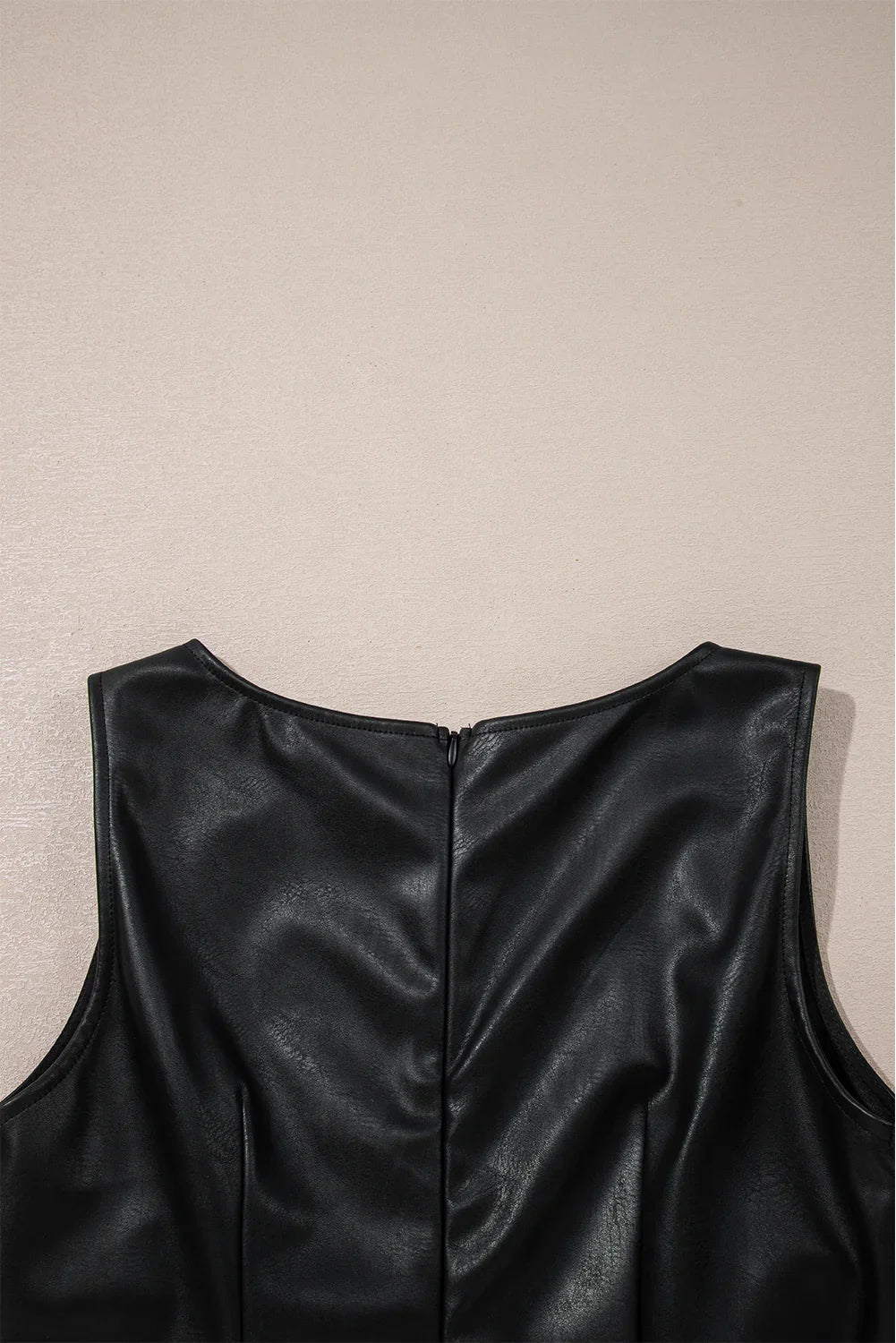 Black Faux Leather Sleeveless Round Neck Mini Dress