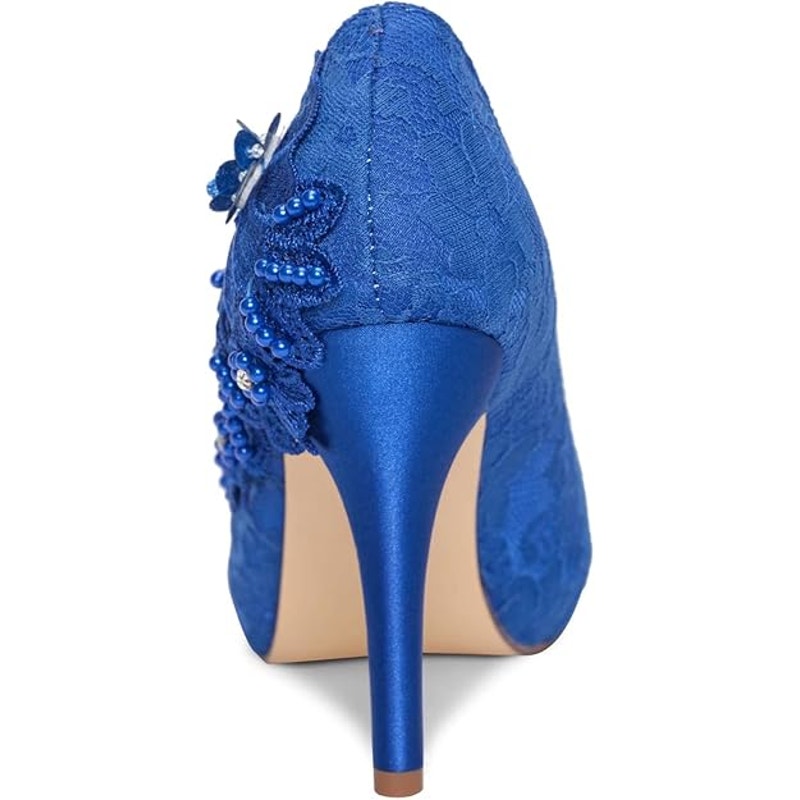 Emily Womens Size 9.5 Royal Blue Floral Lace Peep Toe 4" Heel Slip On Pump Shoes