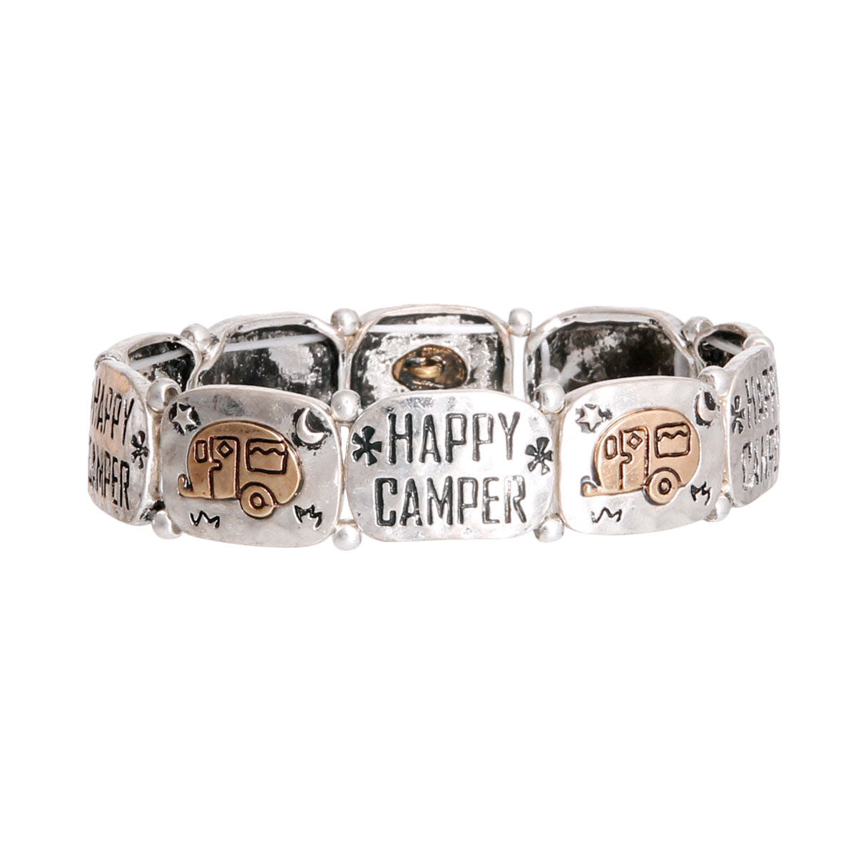 Engraved Mixed Metal Bracelet Stylish Happy Camper Jewelry
