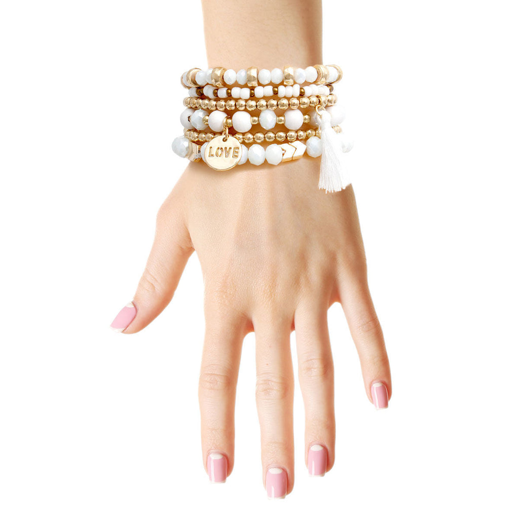 Bracelet Set 6 Pcs White Glass Stylish Layered Jewelry