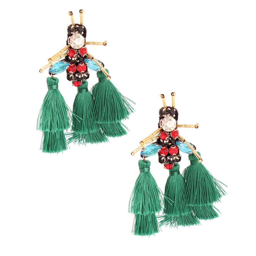 Statement Rhinestone Tassel Green Bee Earrings Stylish Fashion Jewelry