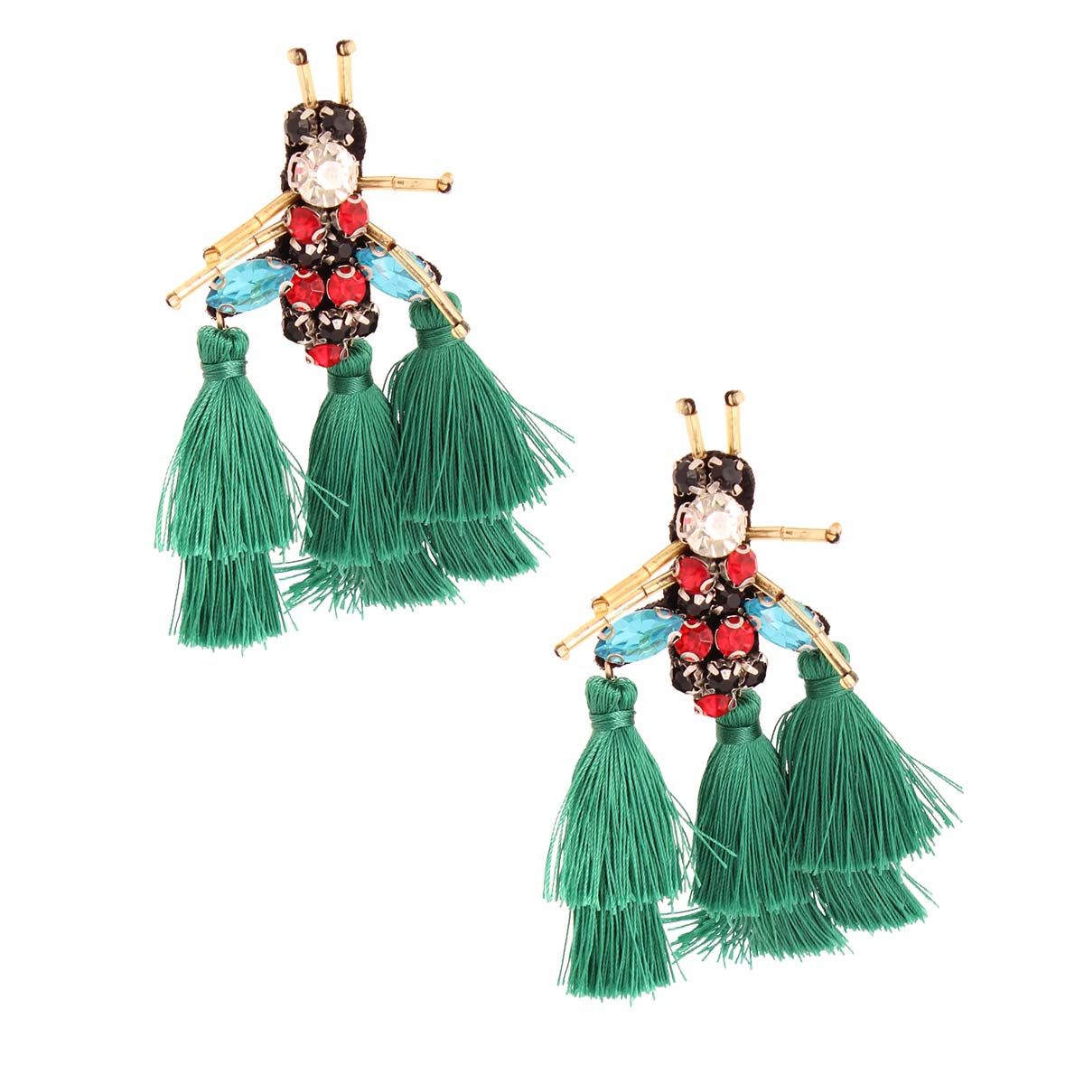 Statement Rhinestone Tassel Green Bee Earrings Stylish Fashion Jewelry