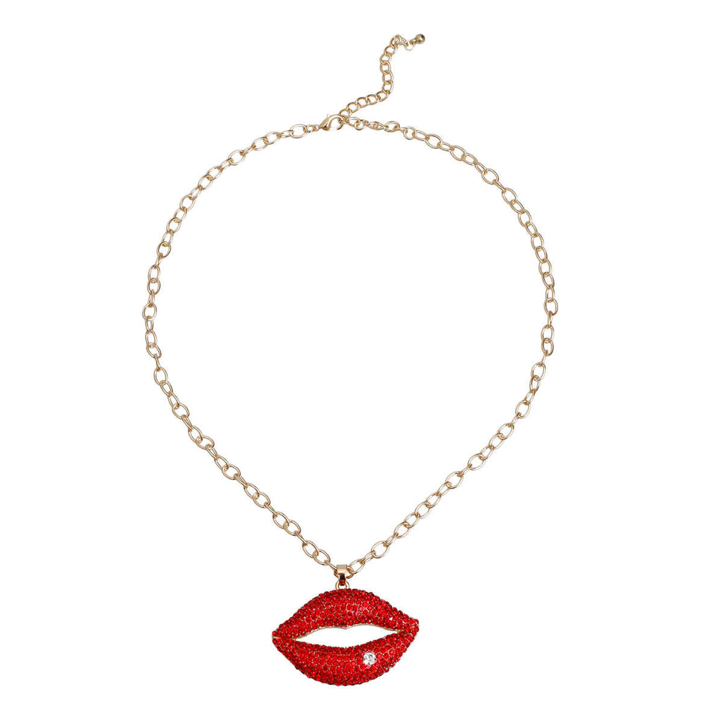 Statement Necklace Red Rhinestone Lips Gold Chain Stylish Fashion Jewelry
