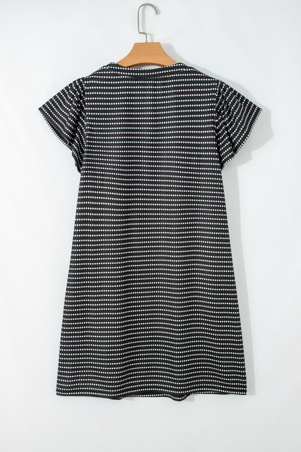 Black Stripe Textured Knit V Neck Flutter Sleeve Shift Mini Dress