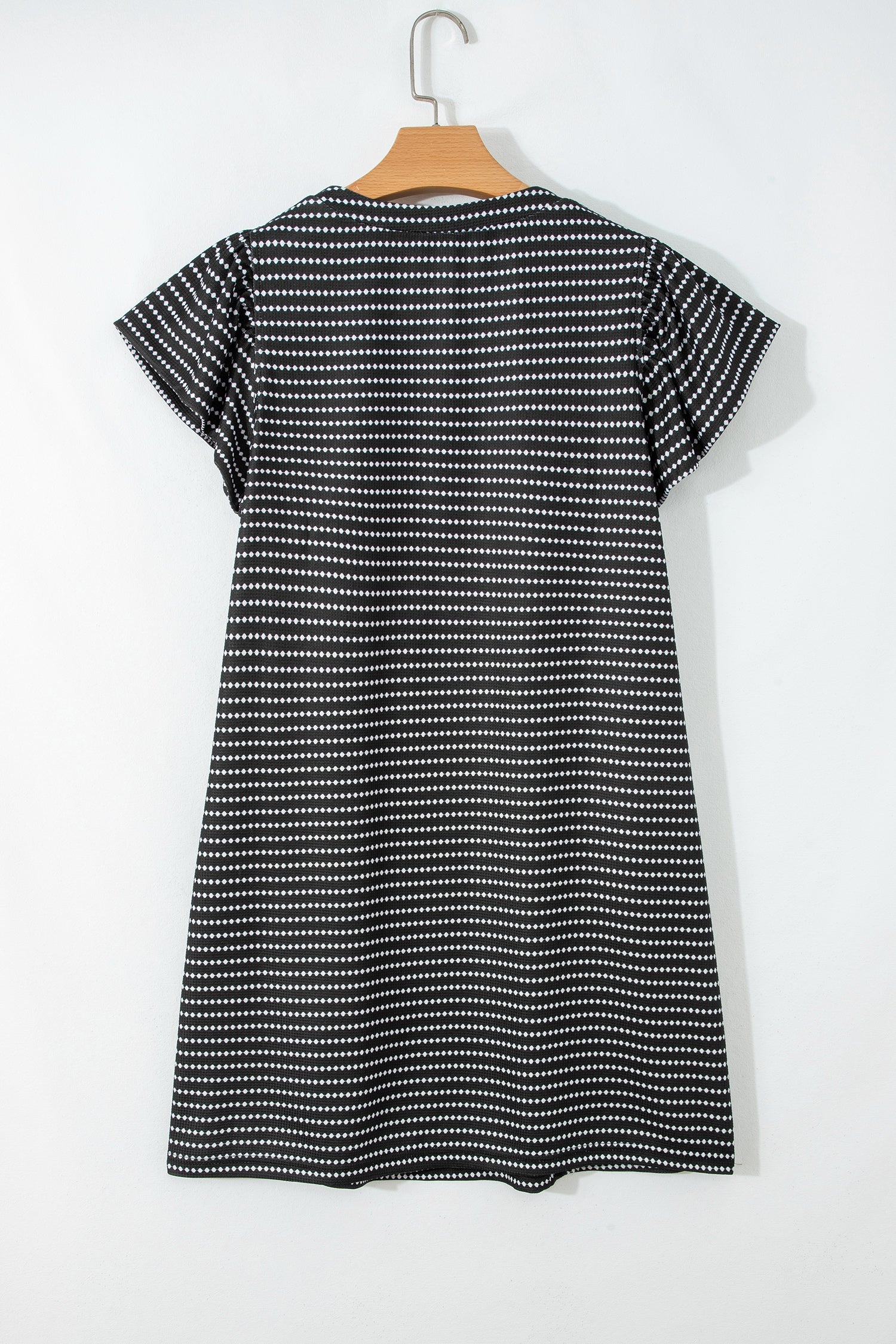 Black Stripe Textured Knit V Neck Flutter Sleeve Shift Mini Dress
