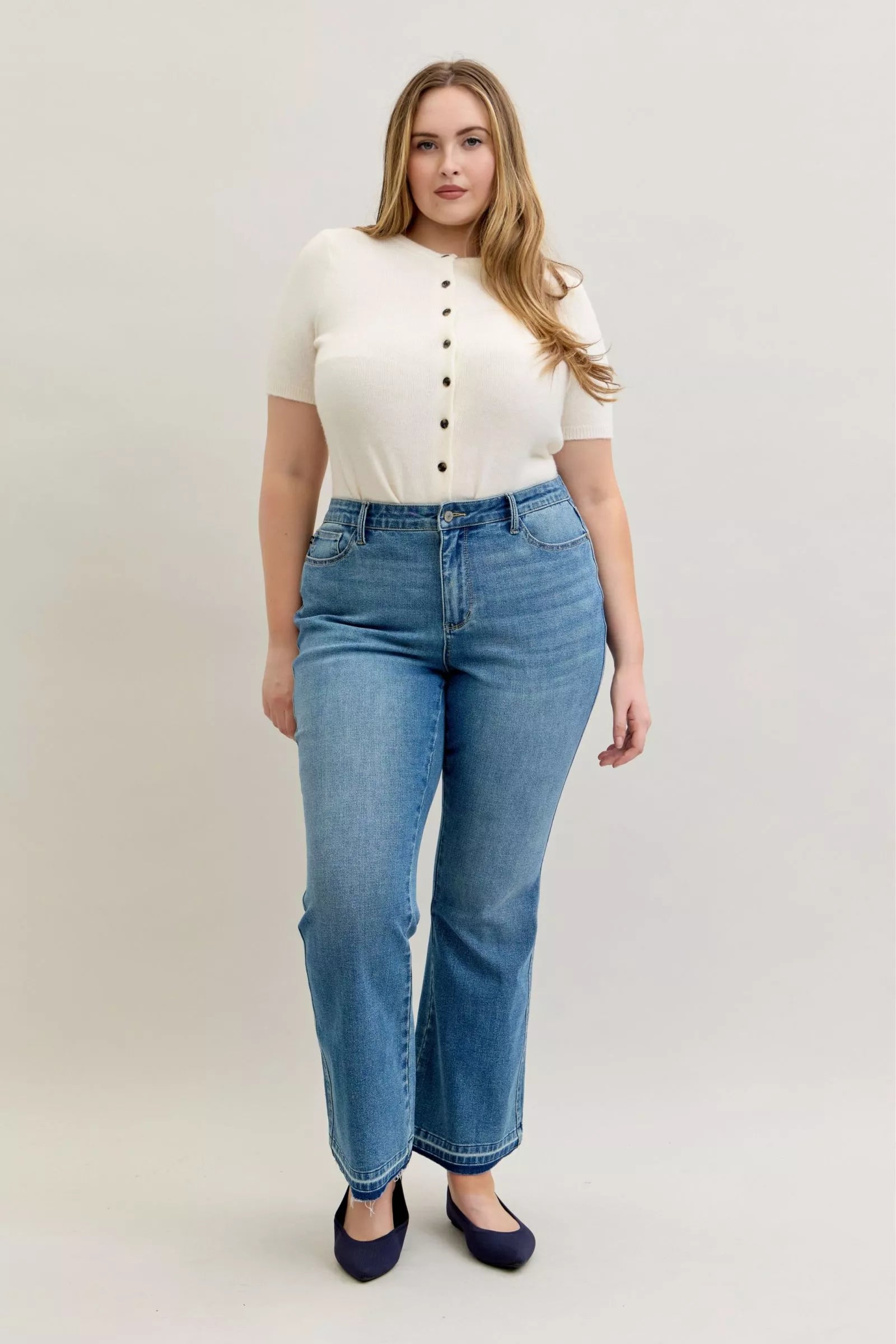 Full Size Mid Rise Slim Bootcut Tummy Control Release Hem Jeans Plus Size