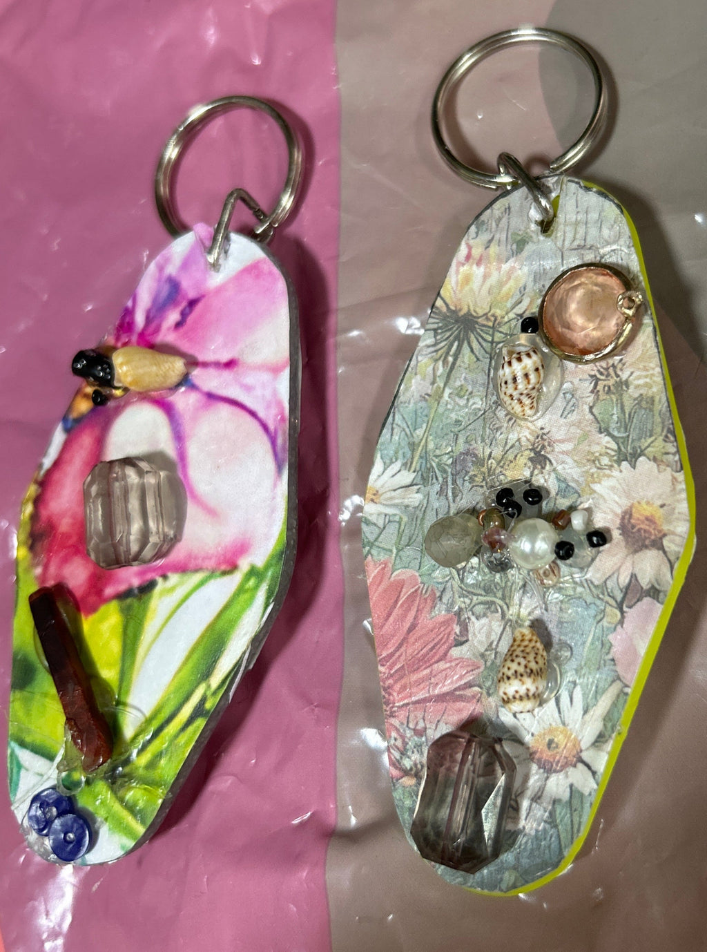 2 Handcrafted Retro Motel Key Rings with Beads & Decoupage