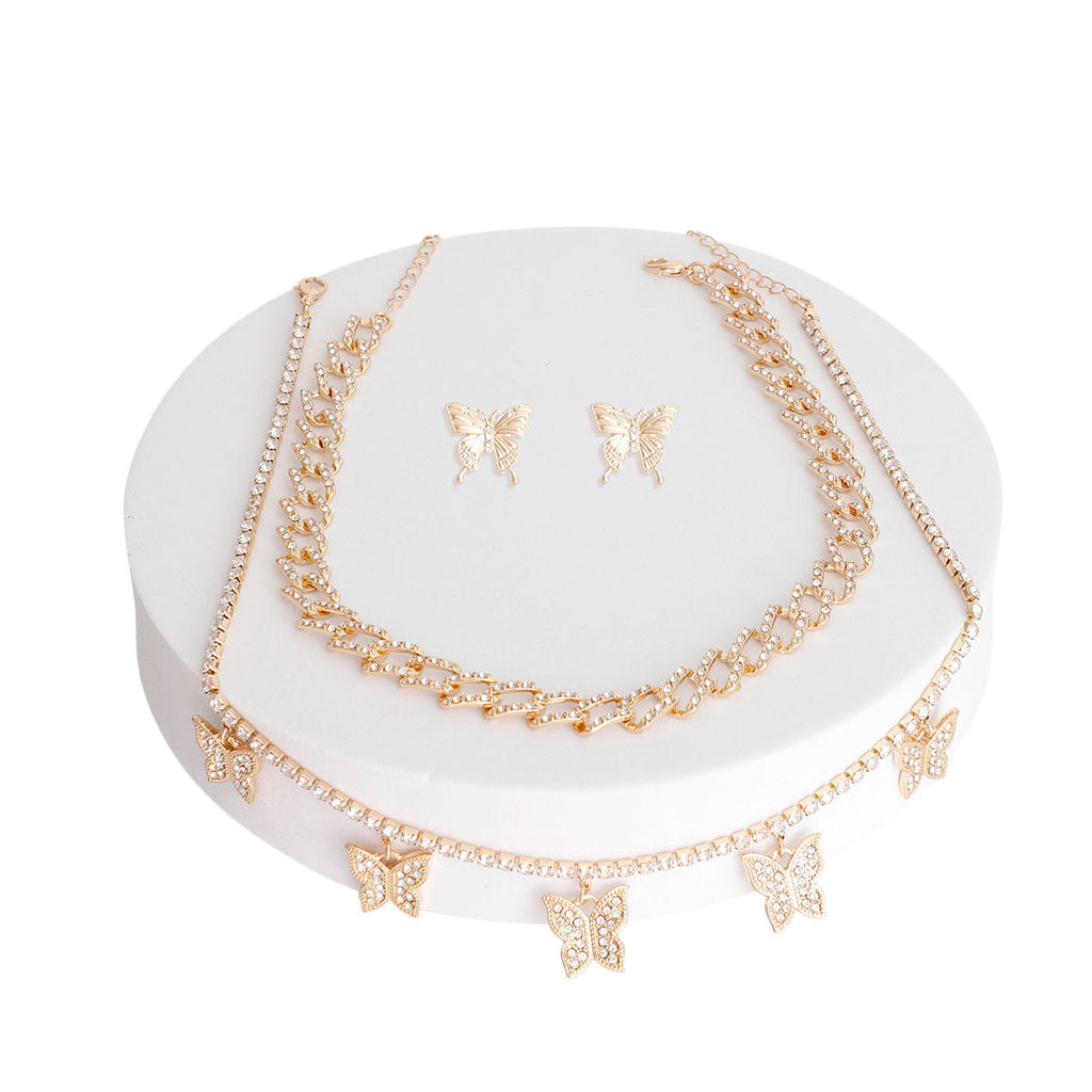 Butterfly Charm Chain Set 2Pc with Gold Rhinestone Accent, Stylish Jewelry Accessory
