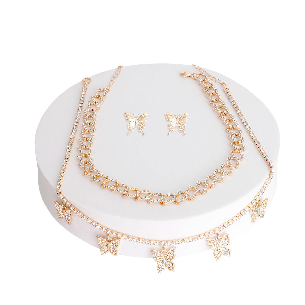 Butterfly Charm Chain Set 2Pc with Gold Rhinestone Accent, Stylish Jewelry Accessory