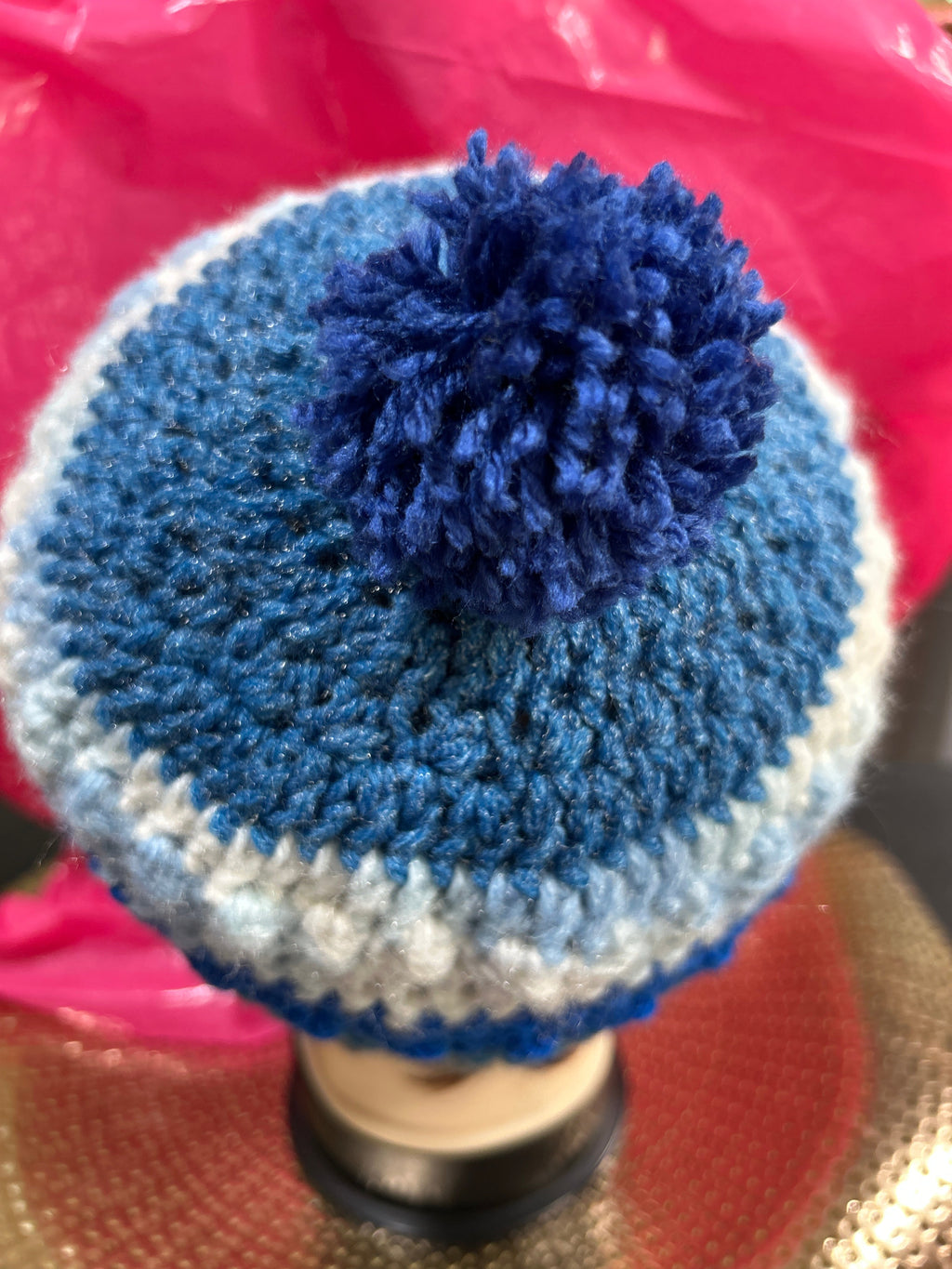 Handmade crocheted beanie in shades of blue, grey & white.