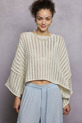 Cable-Knit Openwork Round Neck Cropped Sweater