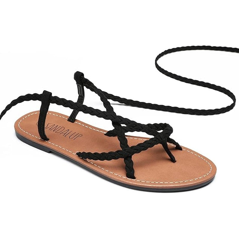 Sandalup Womens Size 7.5 Black Braided Lace Up Flat Gladiator Sandals Shoes