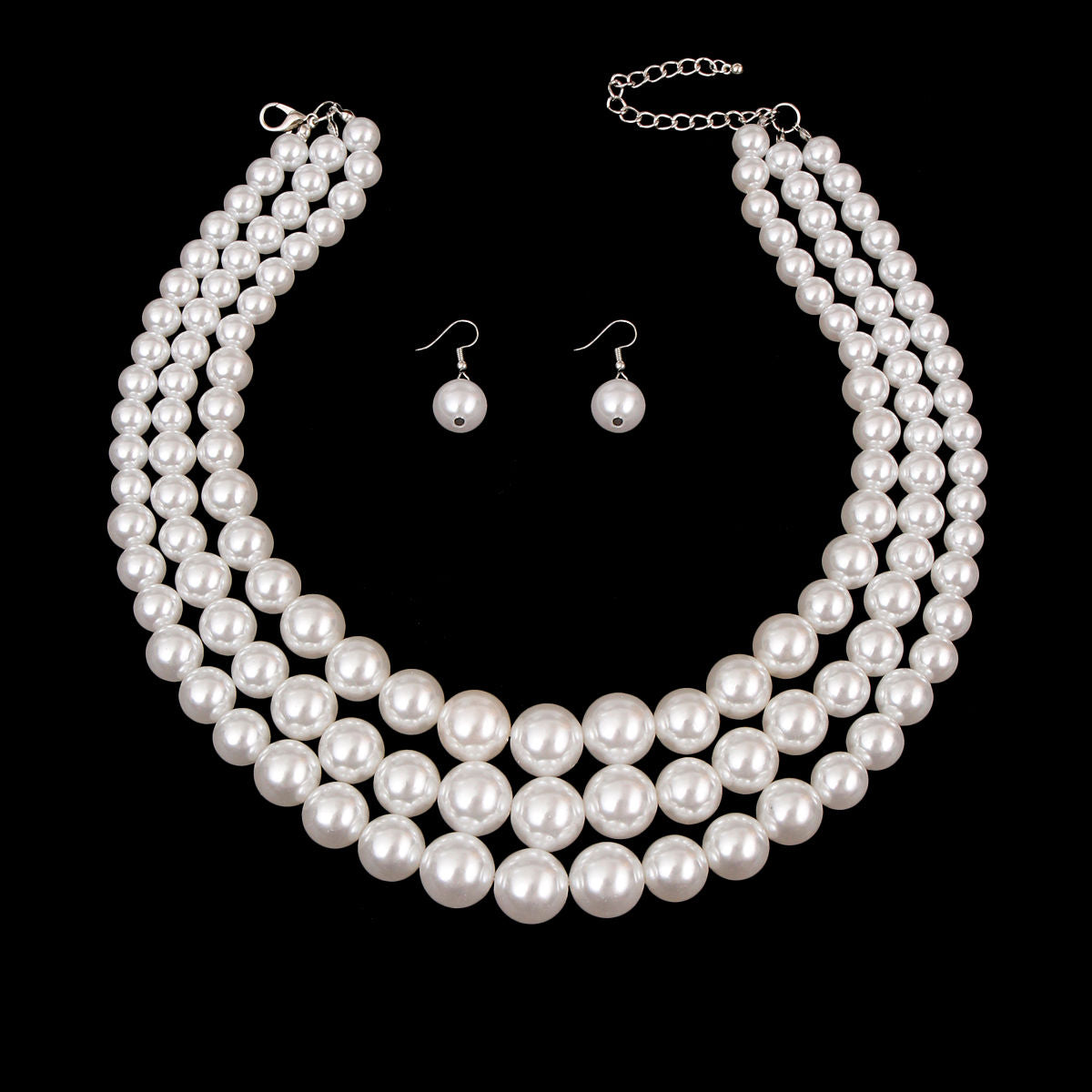 3-Strand White Pearl Layered Necklace Set Rhodium-Plated Elegant Chic Jewelry