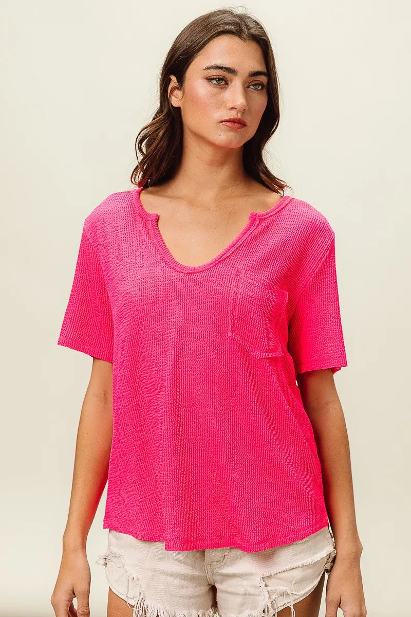 Waved Rib U Neck Top With Front Pocket