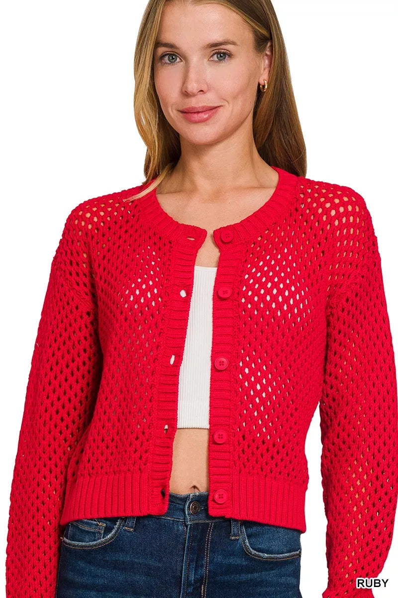 Button Down Lightweight Crochet Cardigan Sweater