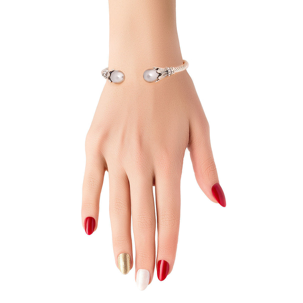Cable Bangle Bracelet with Gray Pearl Leaf Accent – Stylish Statement Jewelry