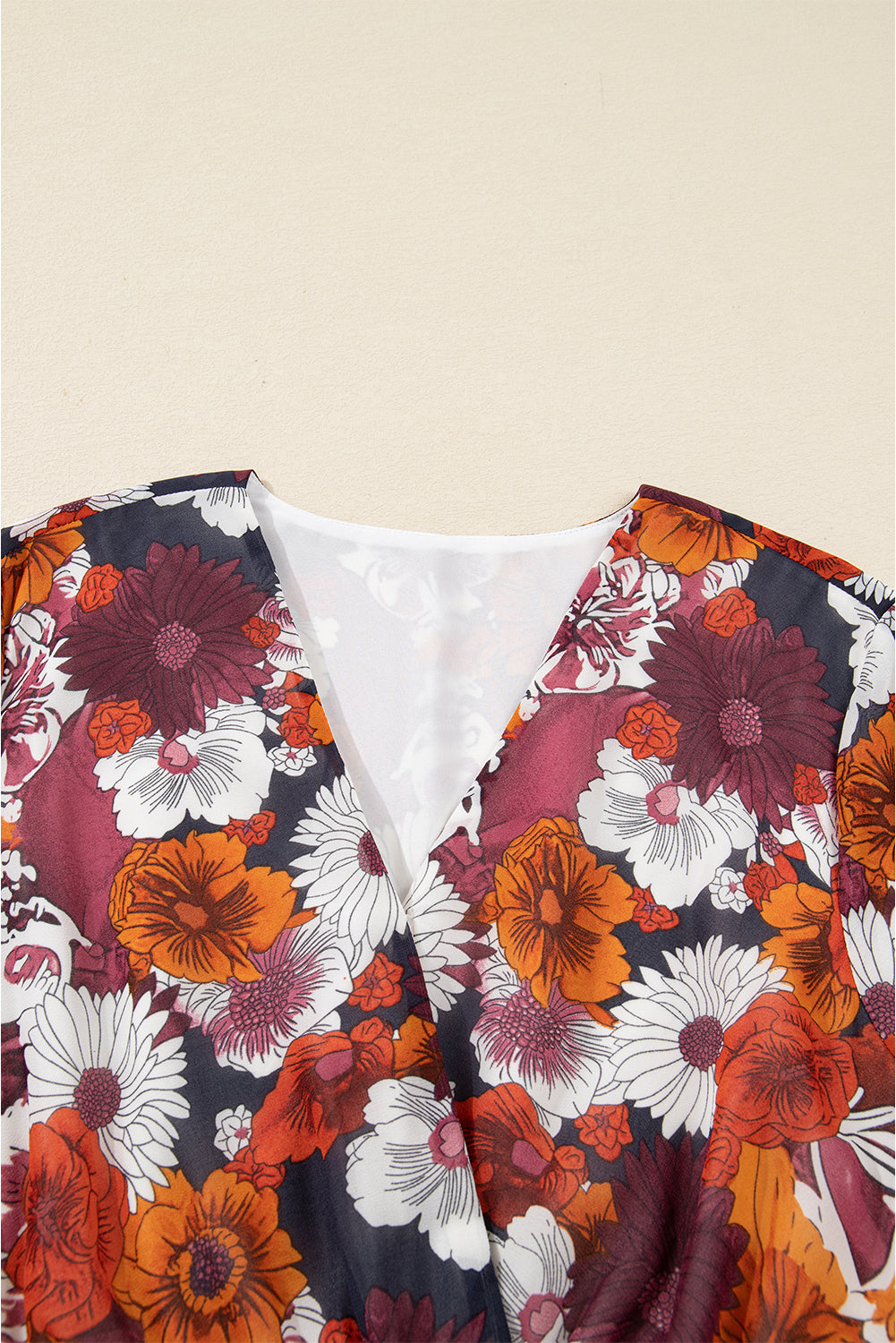 Red Floral Print Wrap V Neck Puff Sleeve Flowy Mini Dress