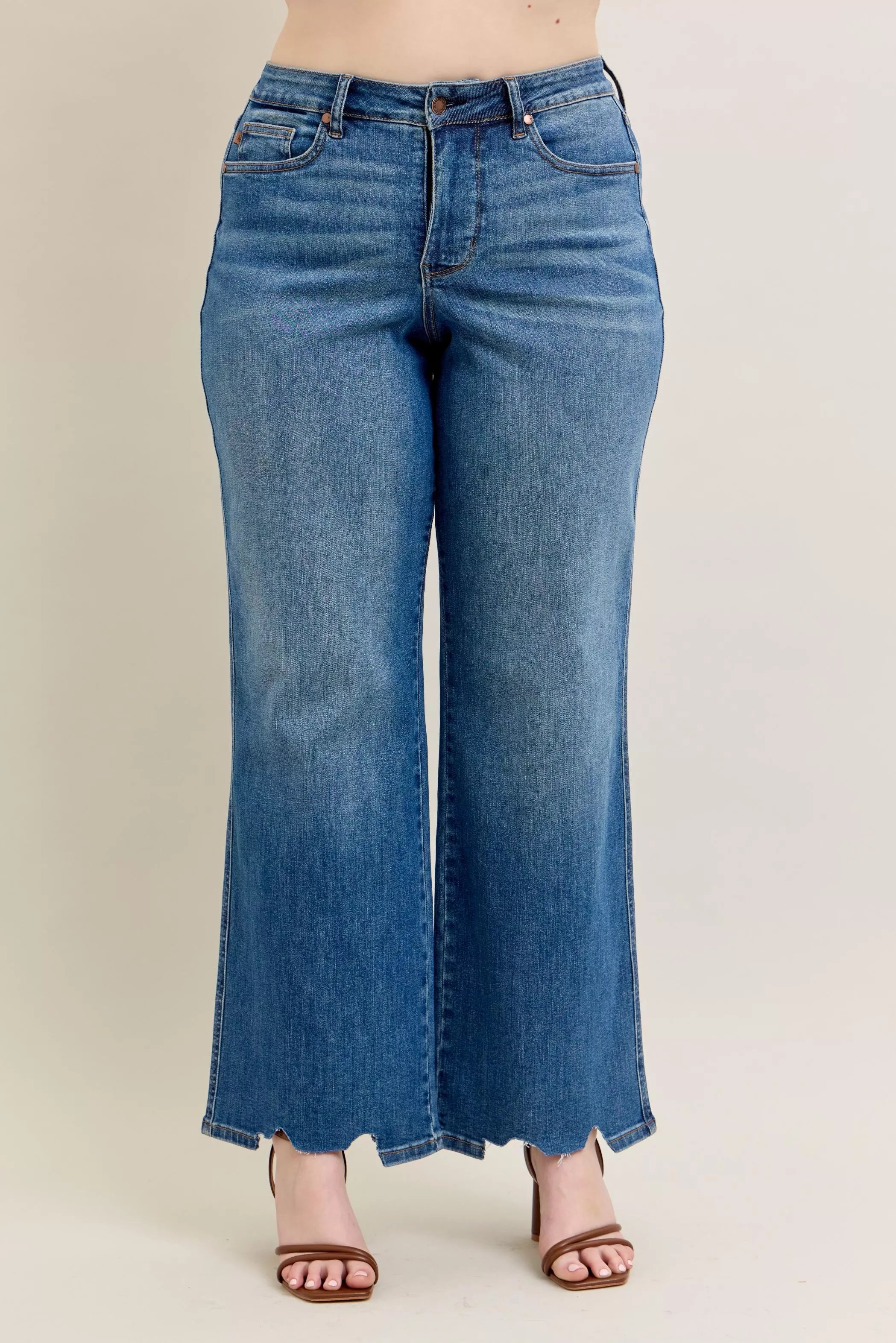 Full Size High Waist Tummy Control Chew Hem Destroy Wide Jeans Plus Size