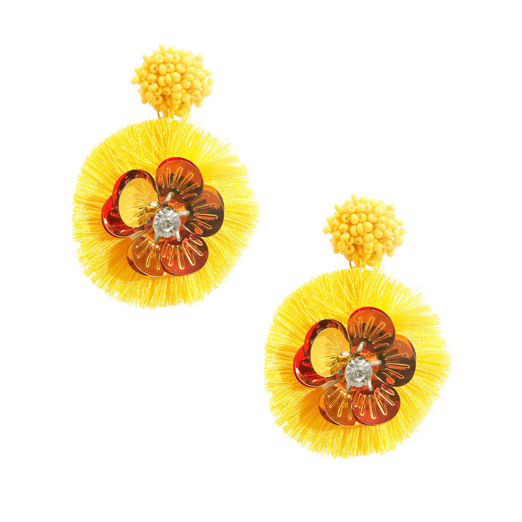 Statement Yellow Sequin Flower Tassel Earrings – Trendy Chic Jewelry Accessory