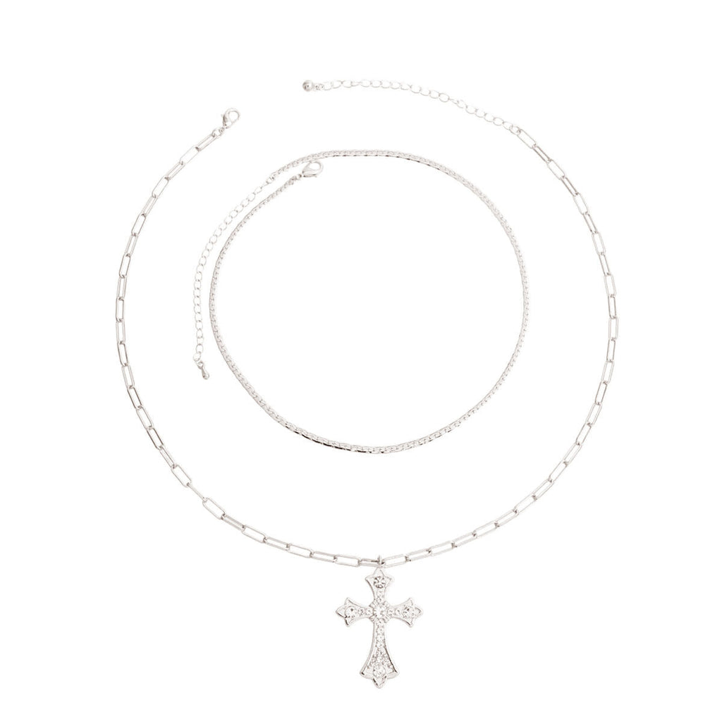 Necklace Set 2 Pcs Silver Syriac Cross Stylish Jewelry Accessory