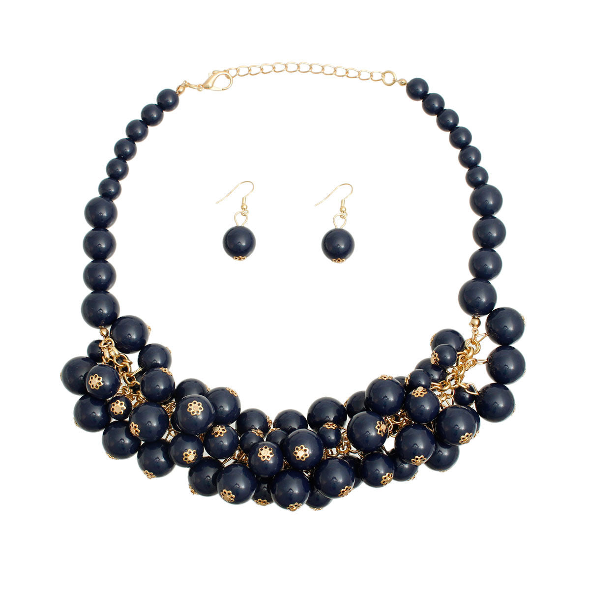 Statement Collar Necklace Set with Navy Ball Bead Cluster, Trendy Jewelry Accessory