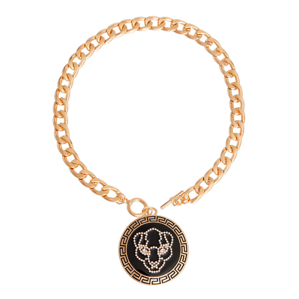 Statement Gold Tiger Greek Medallion Chain Necklace Stylish Jewelry Accessory