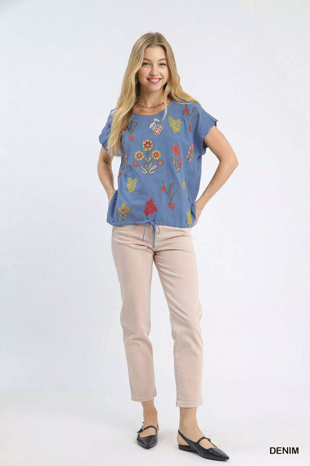 I am a Fashion Junky Embroidered Scallop Sleeve Top with Drawstring Hem