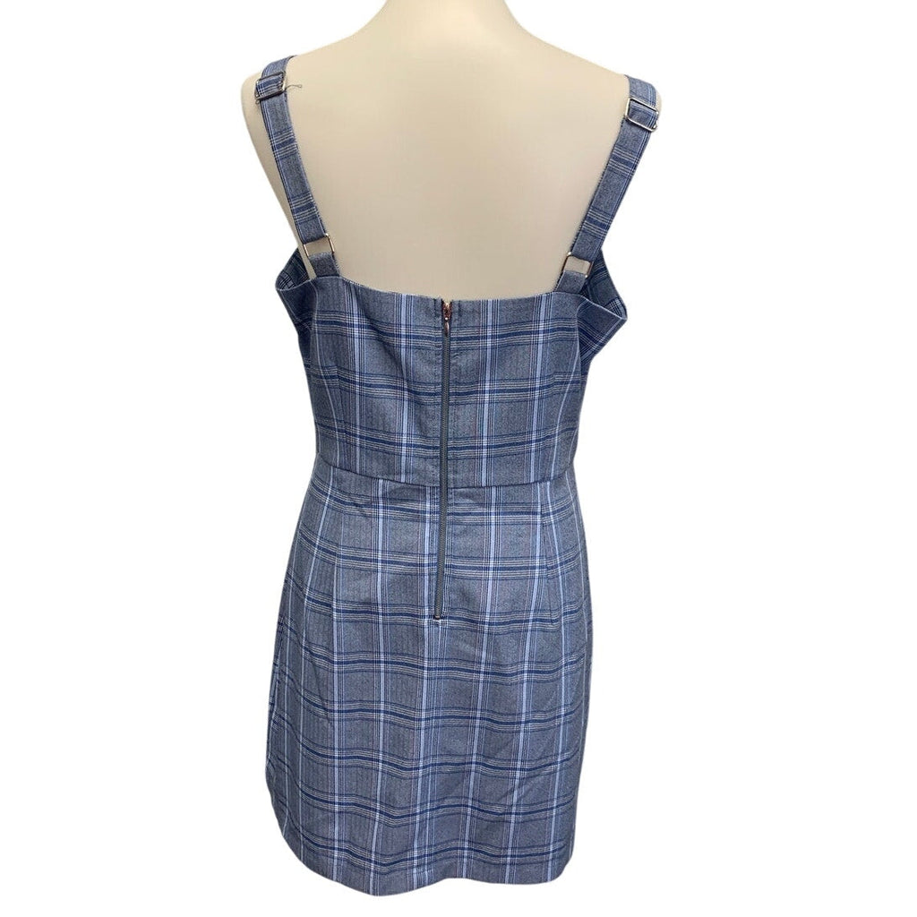 BeBop Womens Large Bib Front Blue Pink Plaid Chinched Waist Sheath Dress