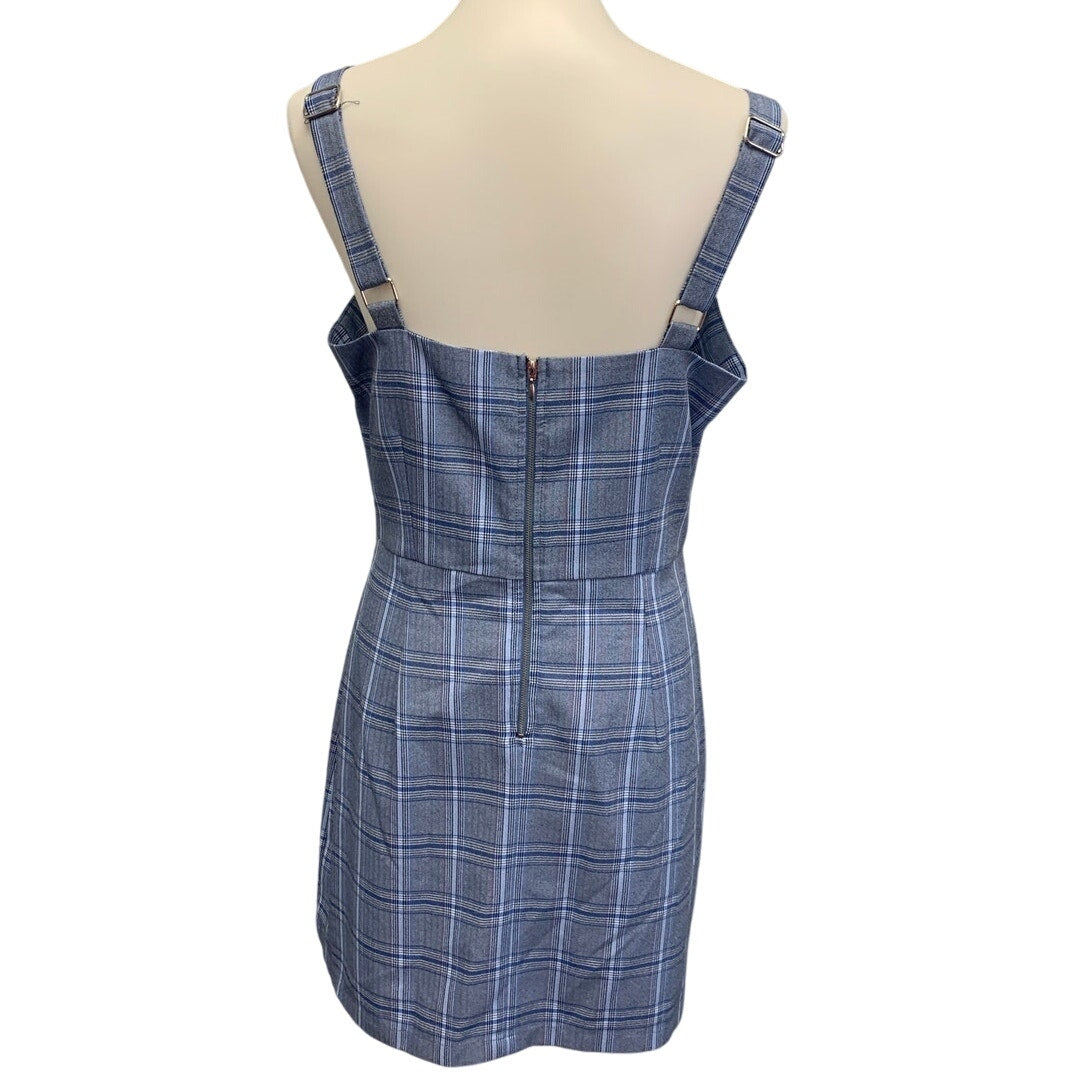 BeBop Womens Large Bib Front Blue Pink Plaid Chinched Waist Sheath Dress